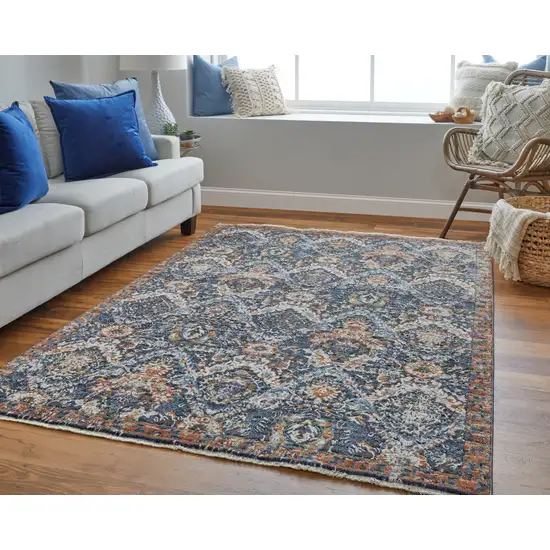 Ivory Blue And Burnt Orange Floral Area Rug With Fringe Photo 9