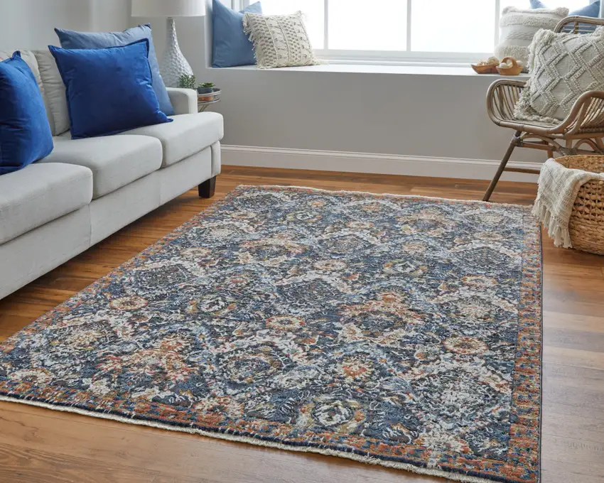 Ivory Blue And Burnt Orange Floral Area Rug With Fringe Photo 9