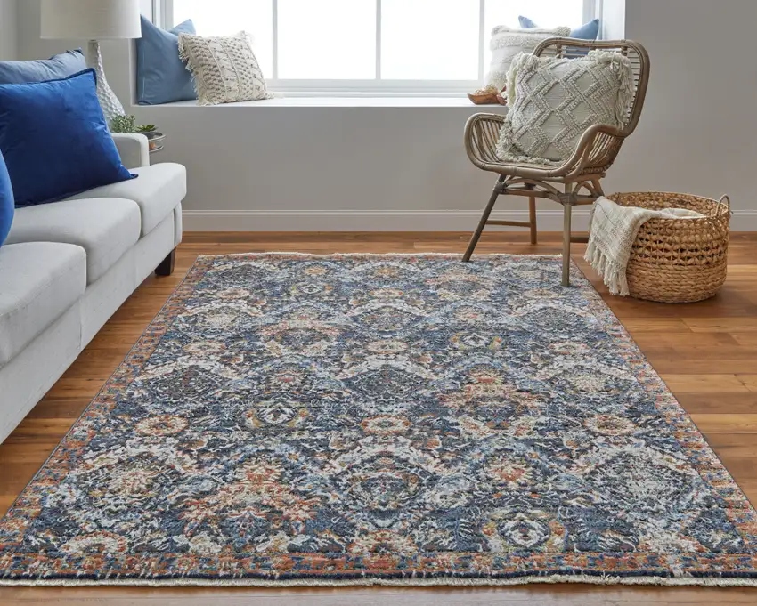 Ivory Blue and Brown Floral Power Loom Area Rug With Fringe Photo 9