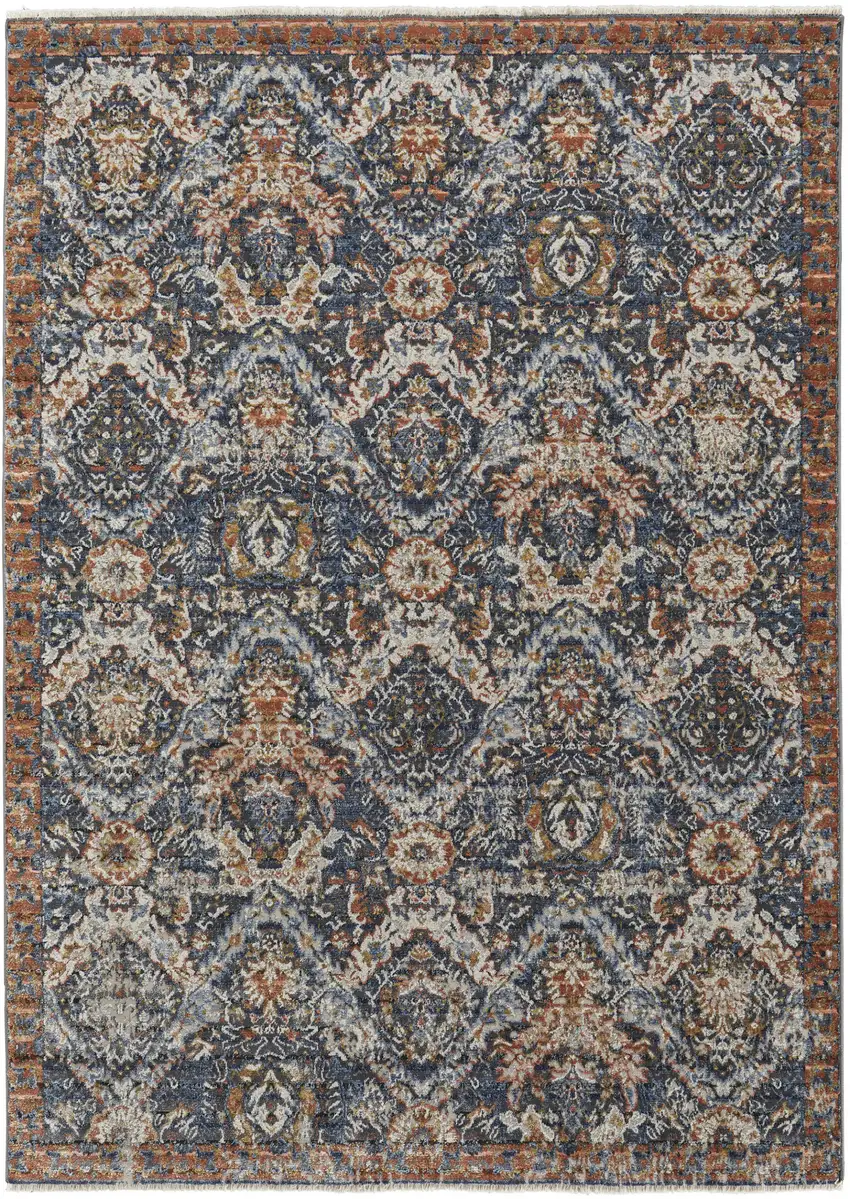Ivory Blue and Brown Floral Power Loom Area Rug With Fringe Photo 2
