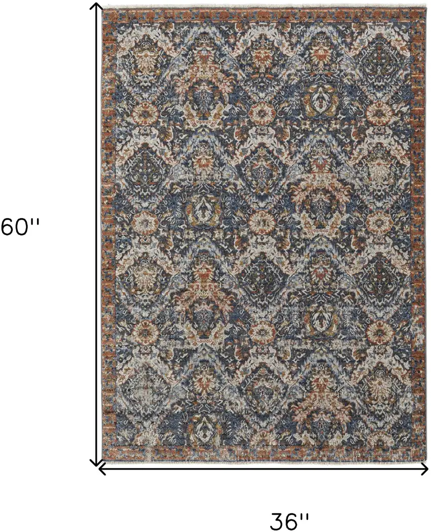 Ivory Blue and Brown Floral Power Loom Area Rug With Fringe Photo 3