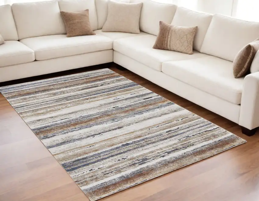 Ivory Blue and Brown Striped Power Loom Area Rug Photo 1