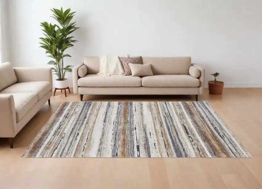 Ivory Blue and Brown Striped Power Loom Area Rug Photo 1