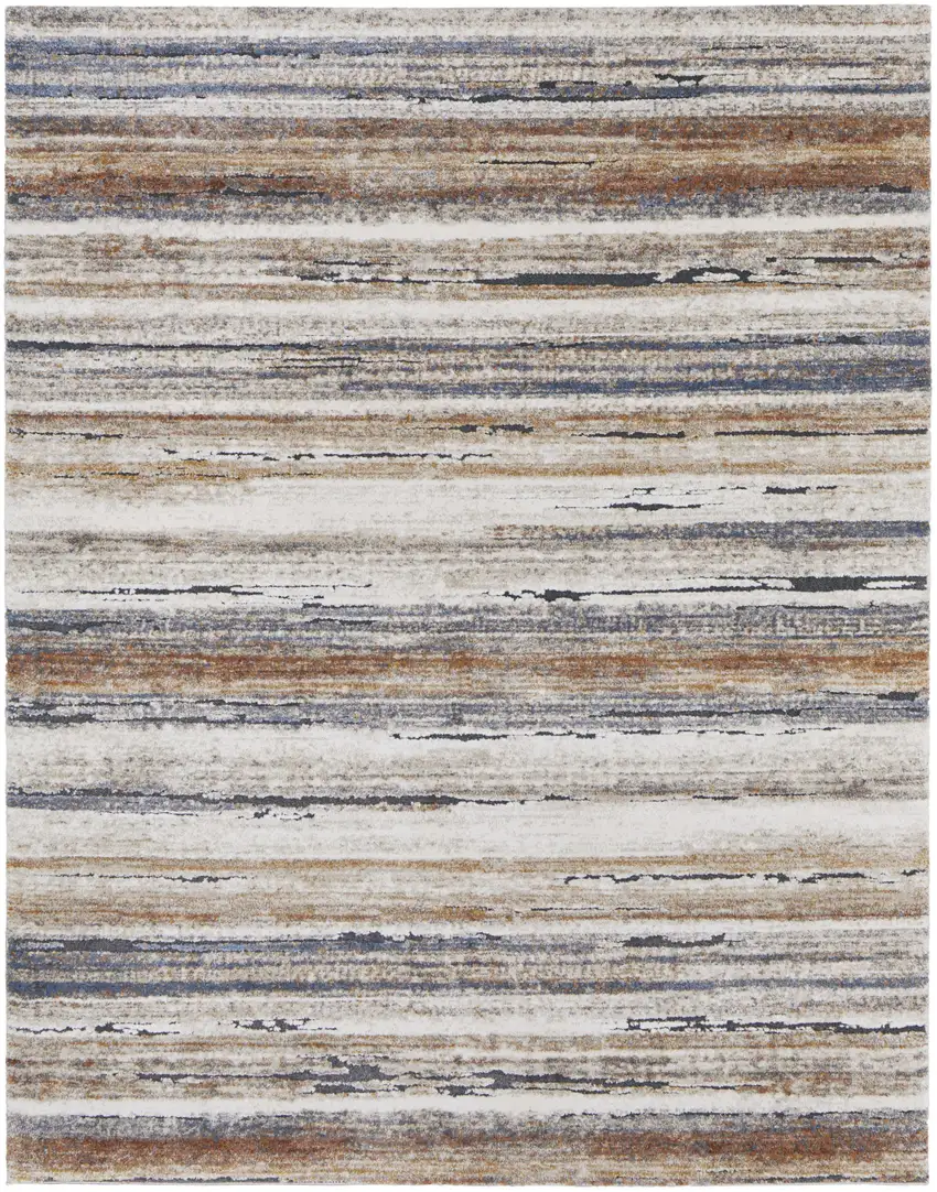 Ivory Blue and Brown Striped Power Loom Area Rug Photo 4