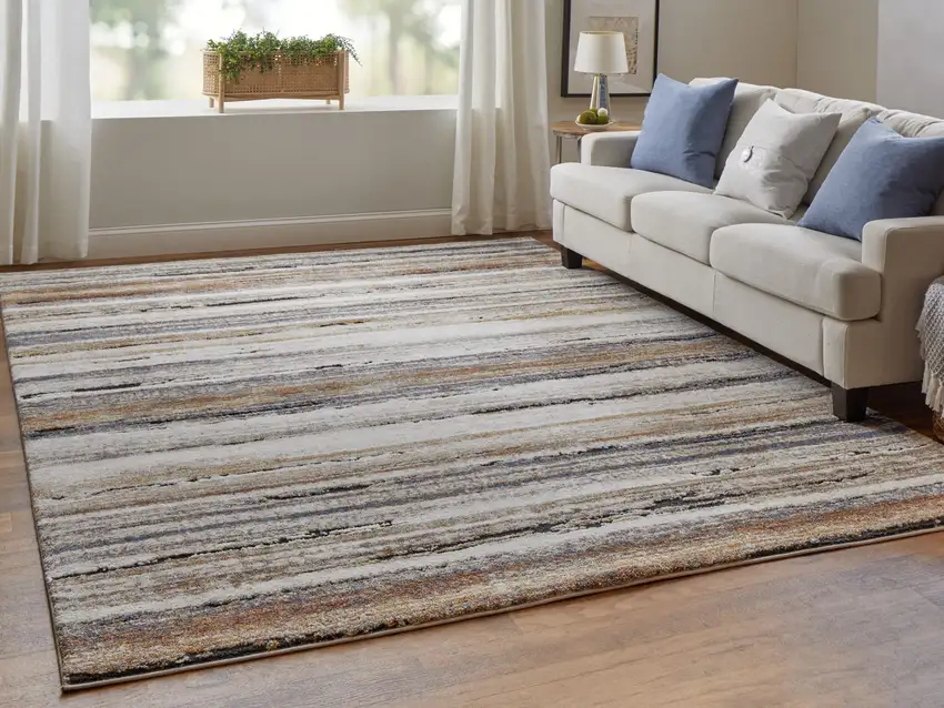 Ivory Blue and Brown Striped Power Loom Area Rug Photo 9