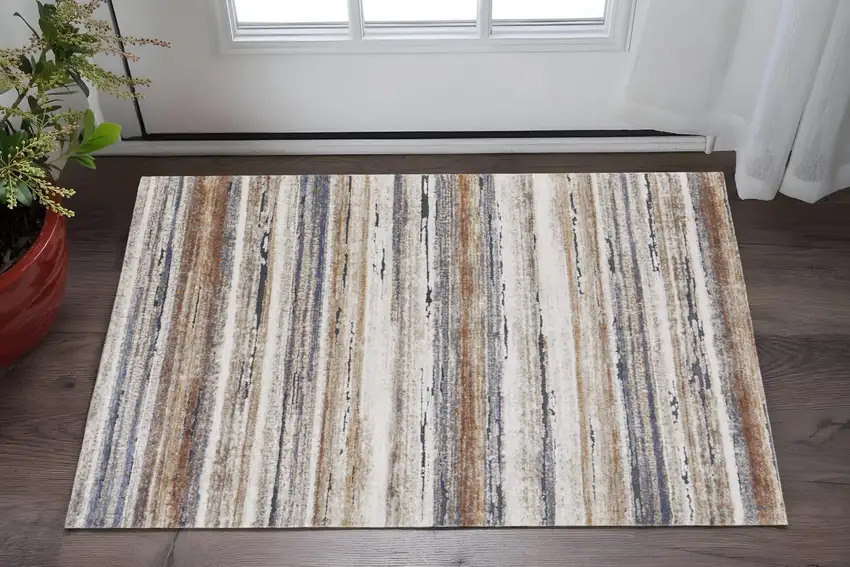 Ivory Blue and Brown Striped Power Loom Area Rug Photo 1