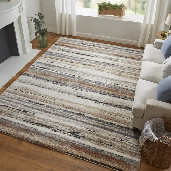 Ivory Blue and Brown Striped Power Loom Area Rug Photo 9
