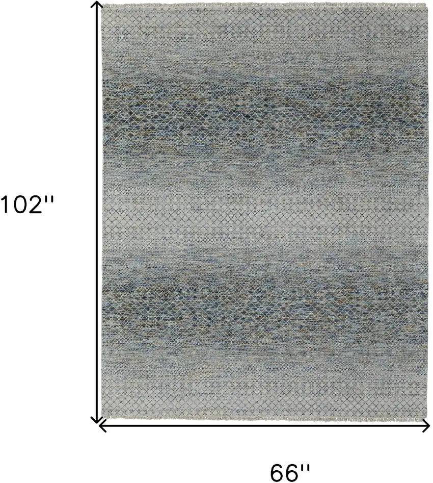 Ivory Blue and Brown Wool Hand Knotted Area Rug With Fringe Photo 3
