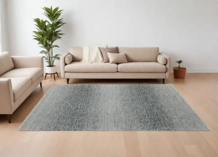 Ivory Blue and Brown Wool Hand Knotted Area Rug With Fringe Photo 1