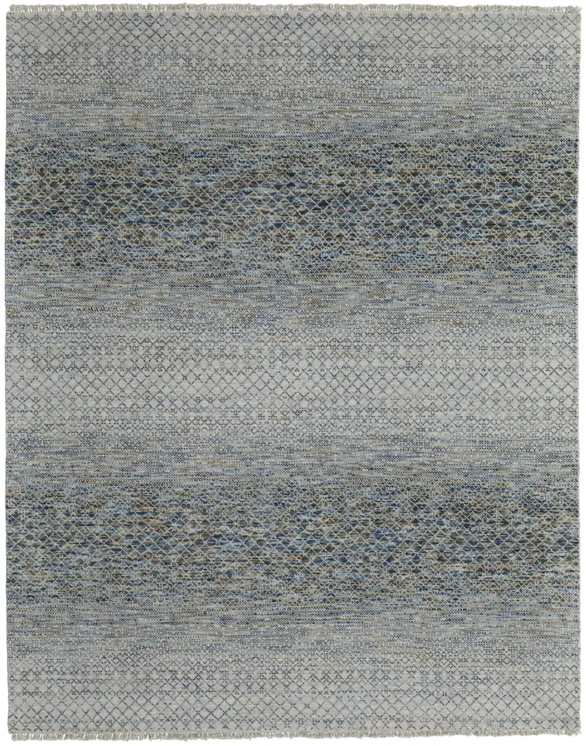 Ivory Blue and Brown Wool Hand Knotted Area Rug With Fringe Photo 5