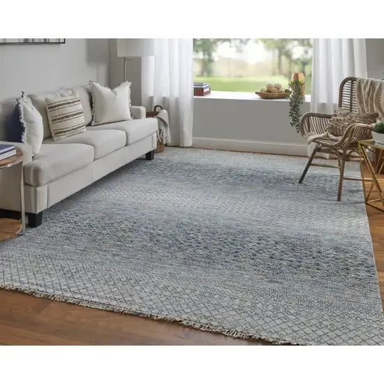 Ivory Blue and Brown Wool Hand Knotted Area Rug With Fringe Photo 9