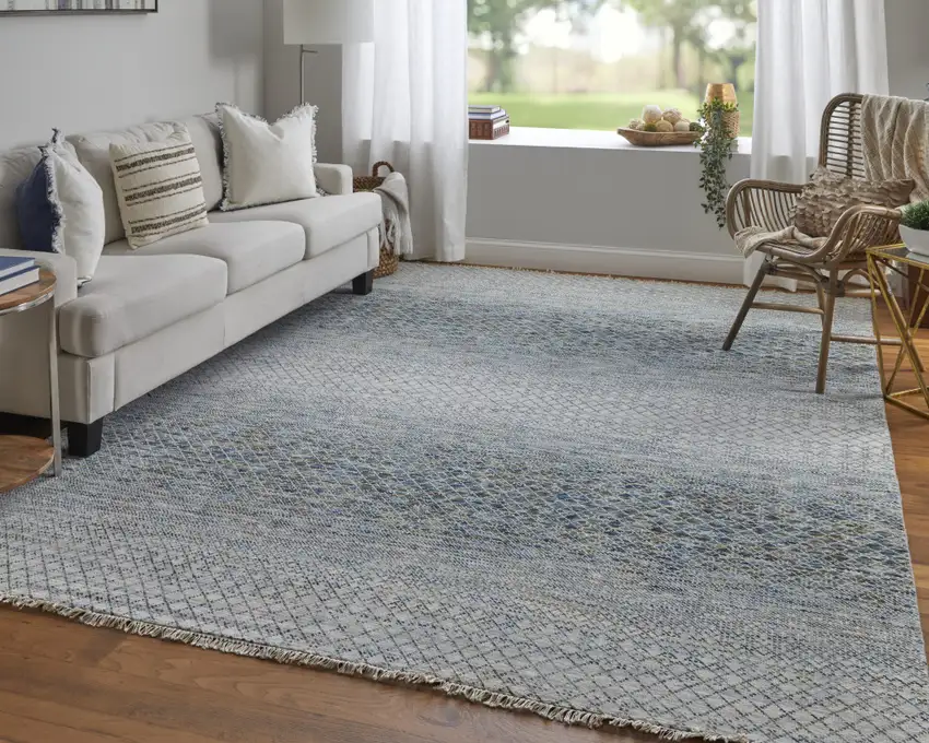 Ivory Blue and Brown Wool Hand Knotted Area Rug With Fringe Photo 9