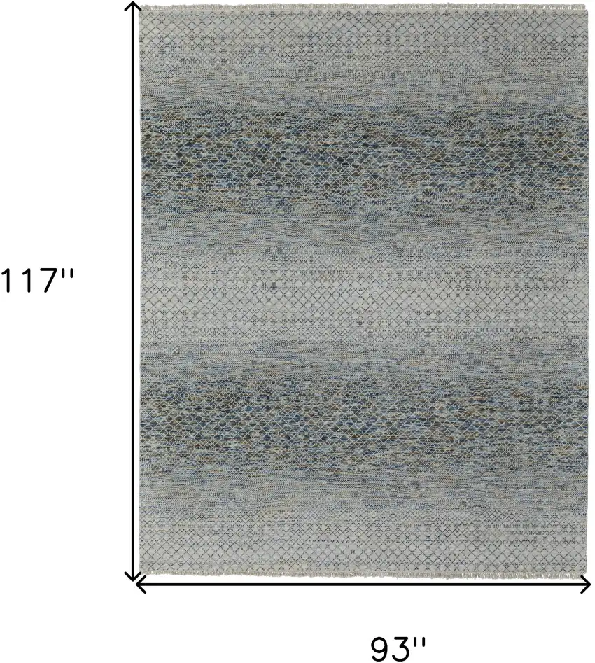 Ivory Blue and Brown Wool Hand Knotted Area Rug With Fringe Photo 3