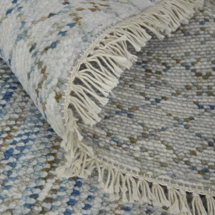 Ivory Blue and Brown Wool Hand Knotted Area Rug With Fringe Photo 6