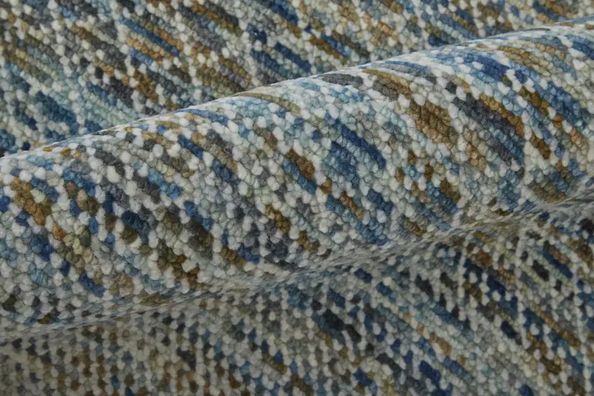 Ivory Blue and Brown Wool Hand Knotted Area Rug With Fringe Photo 4