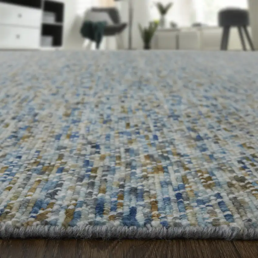 Ivory Blue and Brown Wool Hand Knotted Area Rug With Fringe Photo 7