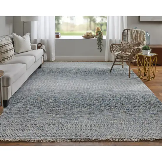 Ivory Blue and Brown Wool Hand Knotted Area Rug With Fringe Photo 9
