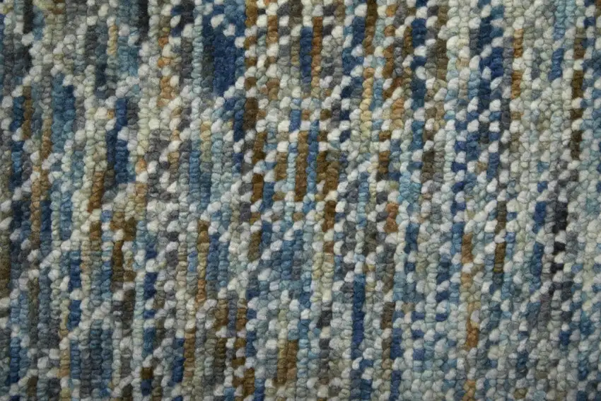 Ivory Blue and Brown Wool Hand Knotted Area Rug With Fringe Photo 5