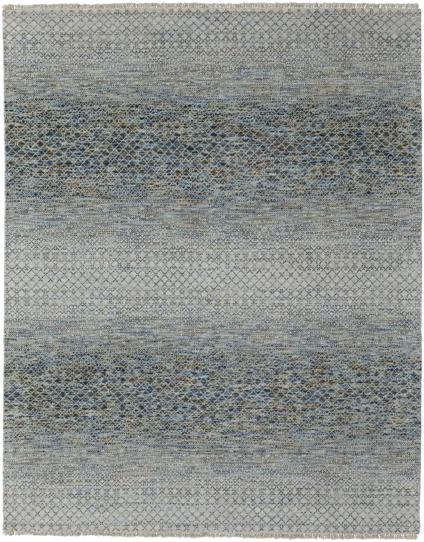 Ivory Blue and Brown Wool Hand Knotted Area Rug With Fringe Photo 2