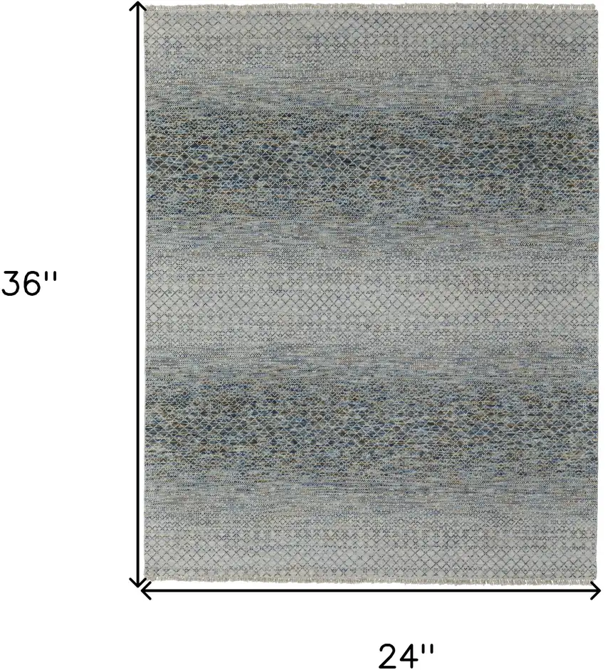 Ivory Blue and Brown Wool Hand Knotted Area Rug With Fringe Photo 3