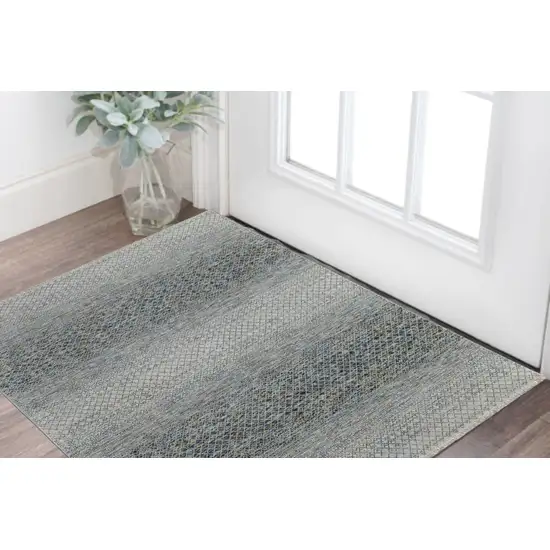 Ivory Blue and Brown Wool Hand Knotted Area Rug With Fringe Photo 1