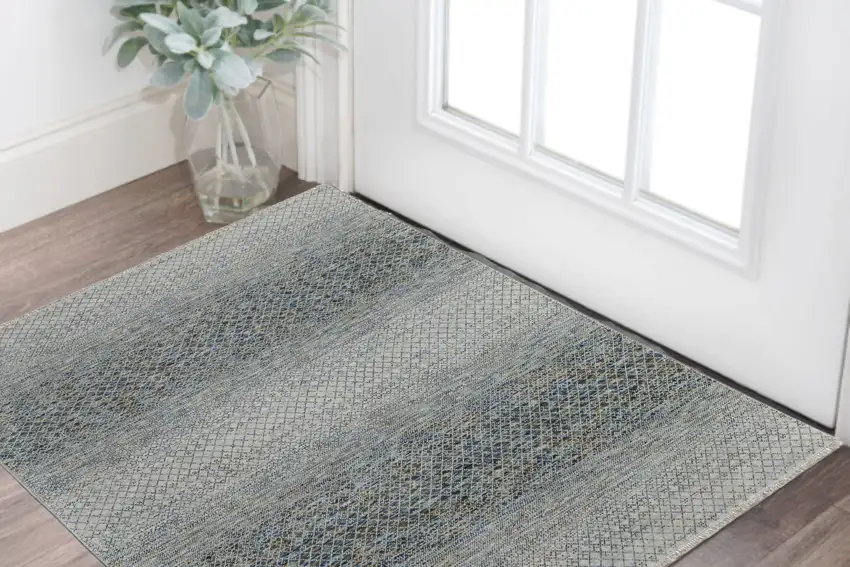 Ivory Blue and Brown Wool Hand Knotted Area Rug With Fringe Photo 1