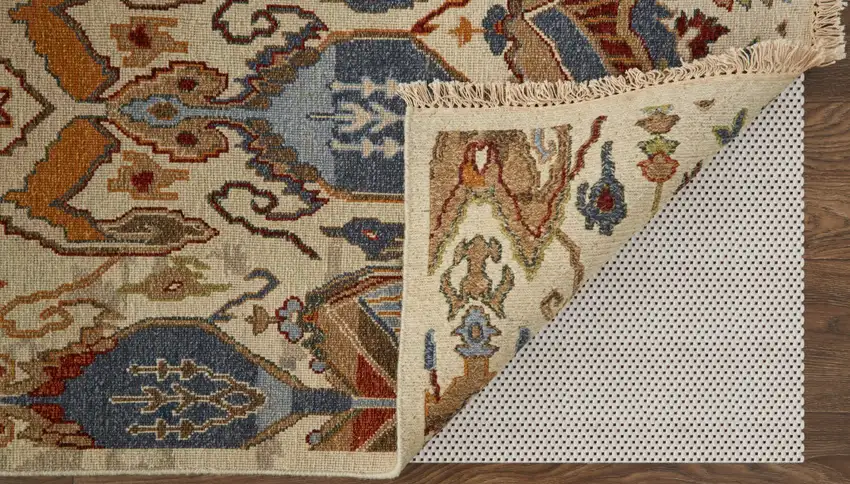 Ivory Blue and Brown Wool Ikat Hand Knotted Area Rug With Fringe Photo 9