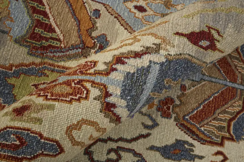 Ivory Blue and Brown Wool Ikat Hand Knotted Area Rug With Fringe Photo 7