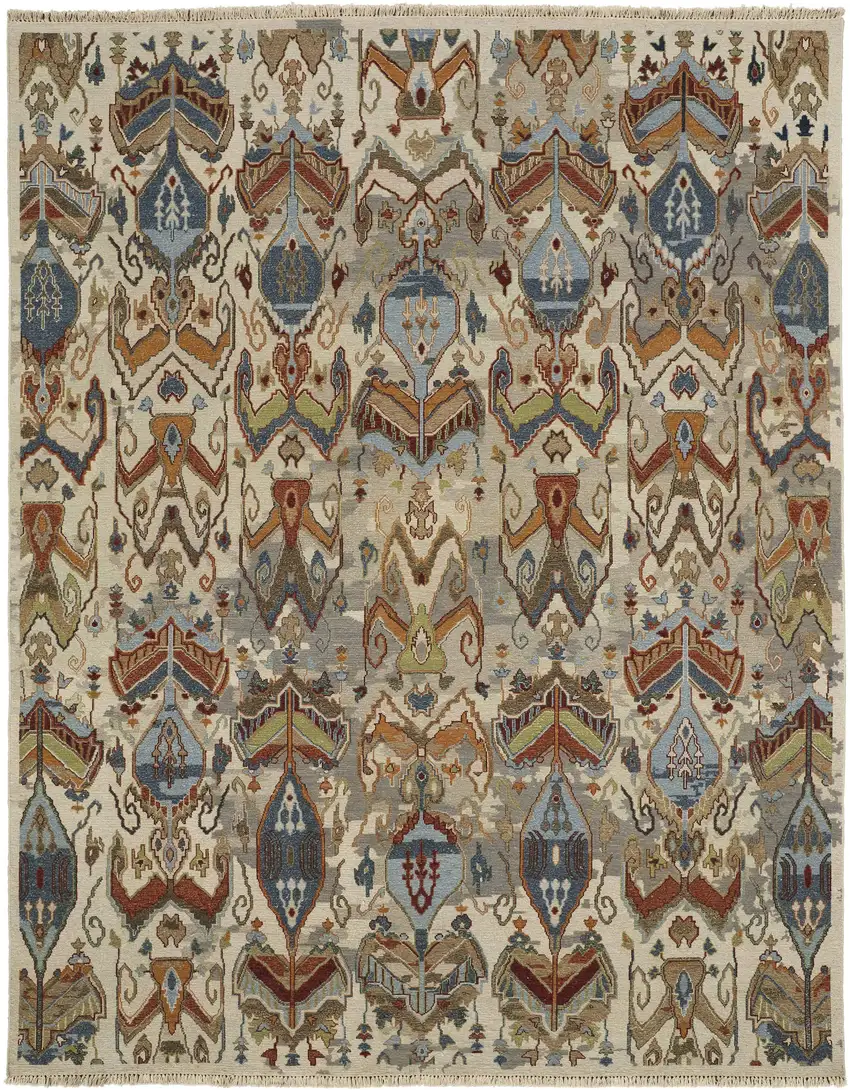 Ivory Blue and Brown Wool Ikat Hand Knotted Area Rug With Fringe Photo 4