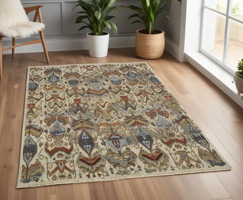 Ivory Blue and Brown Wool Ikat Hand Knotted Area Rug With Fringe Photo 1