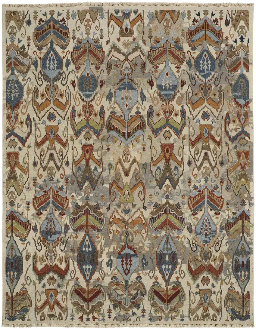 Ivory Blue and Brown Wool Ikat Hand Knotted Area Rug With Fringe Photo 2