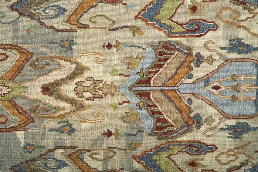Ivory Blue and Brown Wool Ikat Hand Knotted Area Rug With Fringe Photo 8
