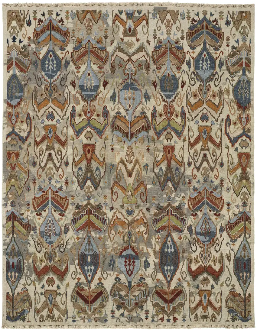 Ivory Blue and Brown Wool Ikat Hand Knotted Area Rug With Fringe Photo 5