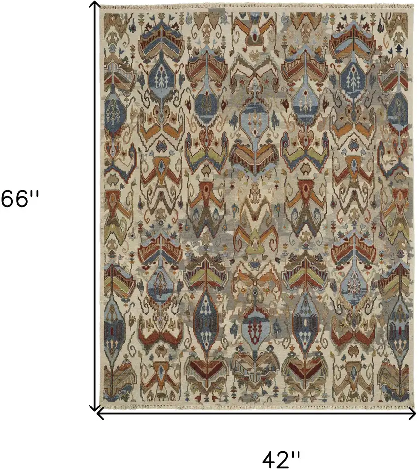 Ivory Blue and Brown Wool Ikat Hand Knotted Area Rug With Fringe Photo 3