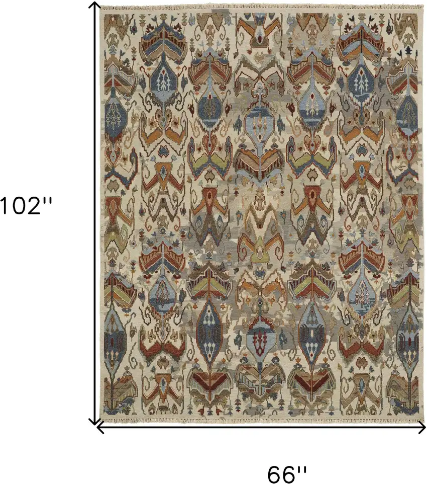 Ivory Blue and Brown Wool Ikat Hand Knotted Area Rug With Fringe Photo 3