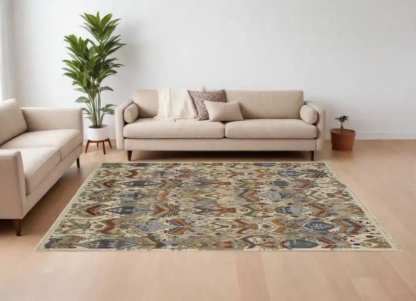 Ivory Blue and Brown Wool Ikat Hand Knotted Area Rug With Fringe Photo 1