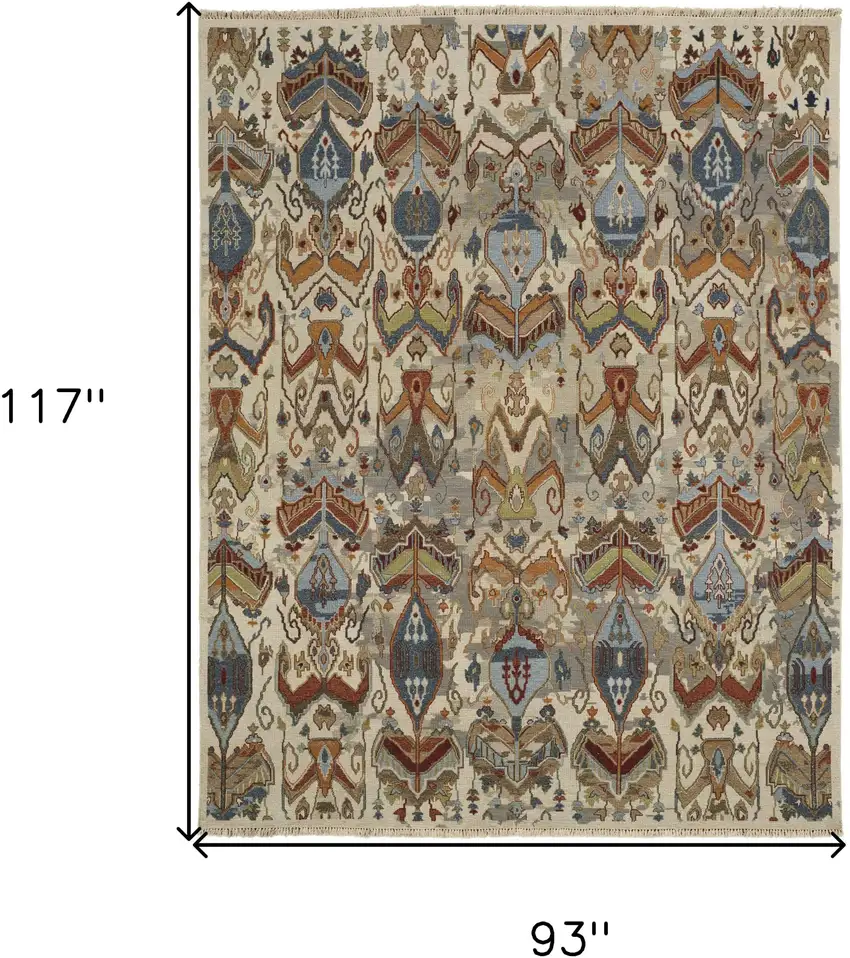 Ivory Blue and Brown Wool Ikat Hand Knotted Area Rug With Fringe Photo 3