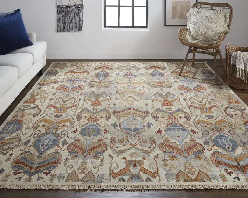 Ivory Blue and Brown Wool Ikat Hand Knotted Area Rug With Fringe Photo 9