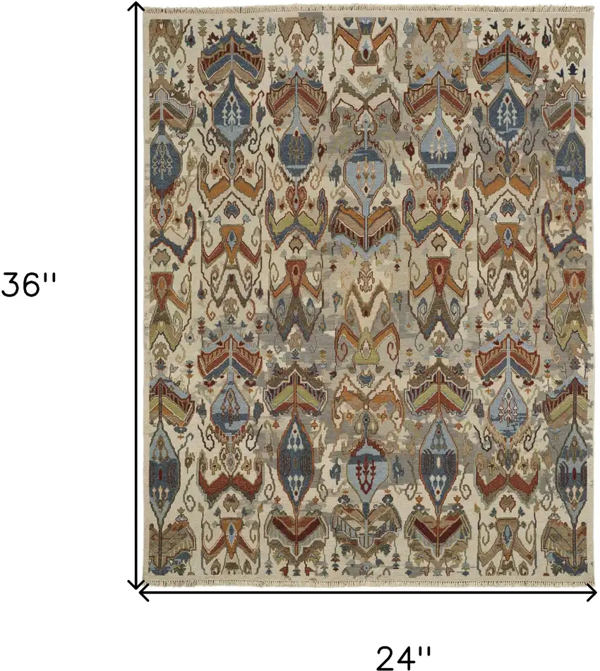 Ivory Blue and Brown Wool Ikat Hand Knotted Area Rug With Fringe Photo 3