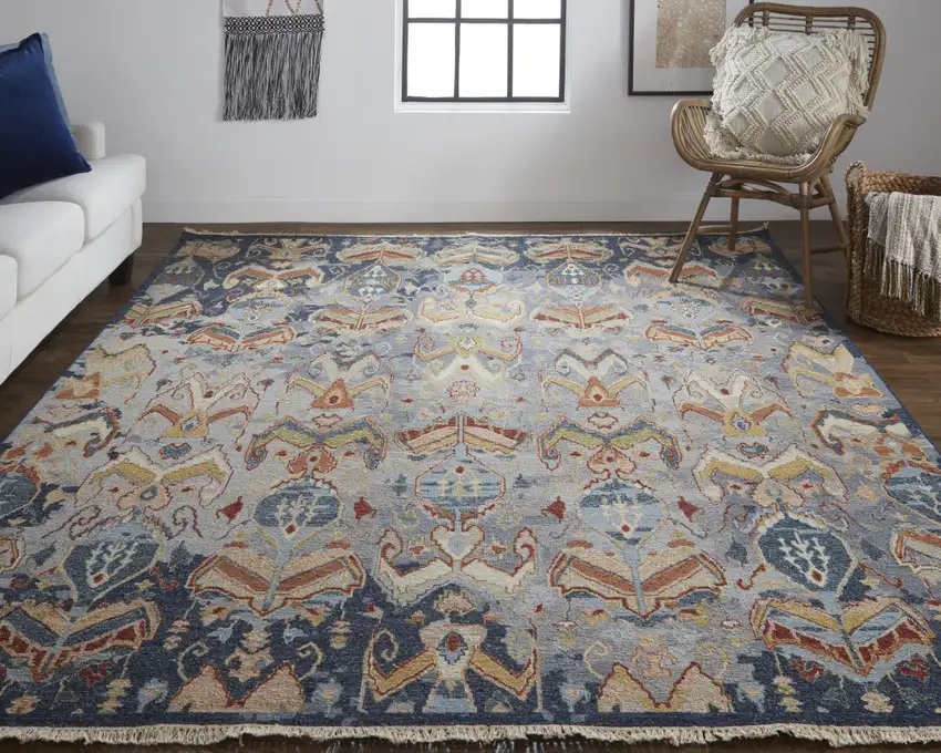 Ivory Blue and Brown Wool Ikat Hand Knotted Area Rug With Fringe Photo 8