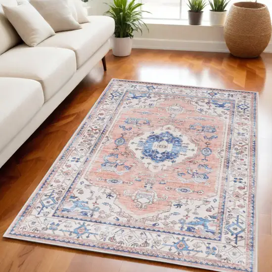 Ivory Blue and Coral Oriental Distressed Non Skid Area Rug Photo 1