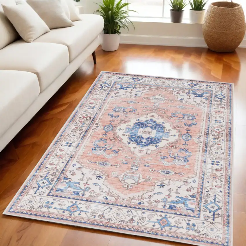 Ivory Blue and Coral Oriental Distressed Non Skid Area Rug Photo 1