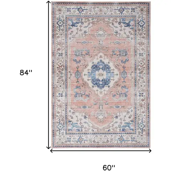 Ivory Blue and Coral Oriental Distressed Non Skid Area Rug Photo 3