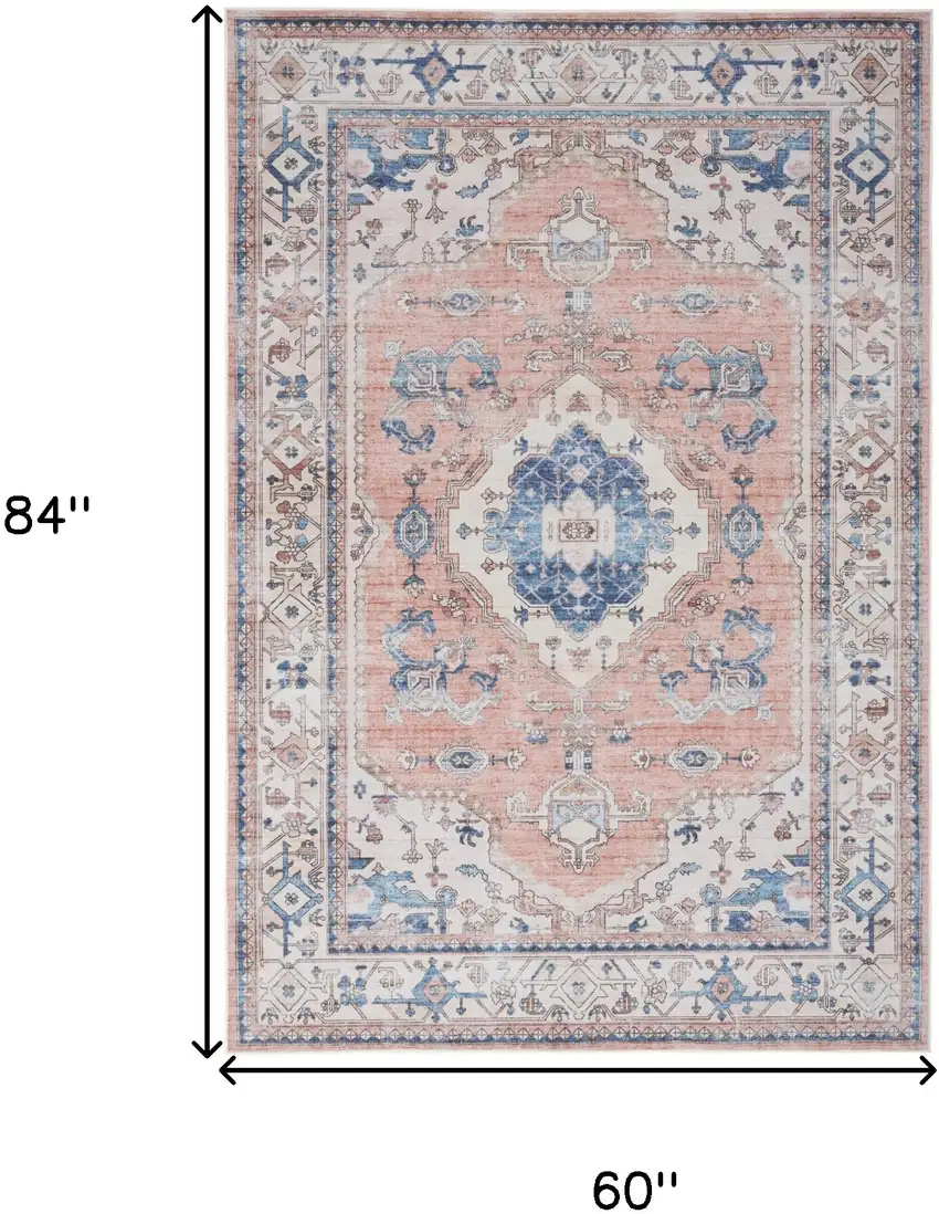 Ivory Blue and Coral Oriental Distressed Non Skid Area Rug Photo 3