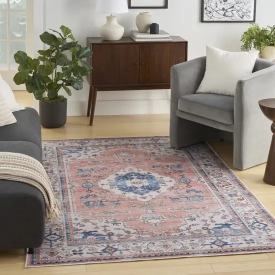 Ivory Blue and Coral Oriental Distressed Non Skid Area Rug Photo 8