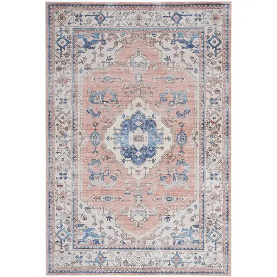 Ivory Blue and Coral Oriental Distressed Non Skid Area Rug Photo 7