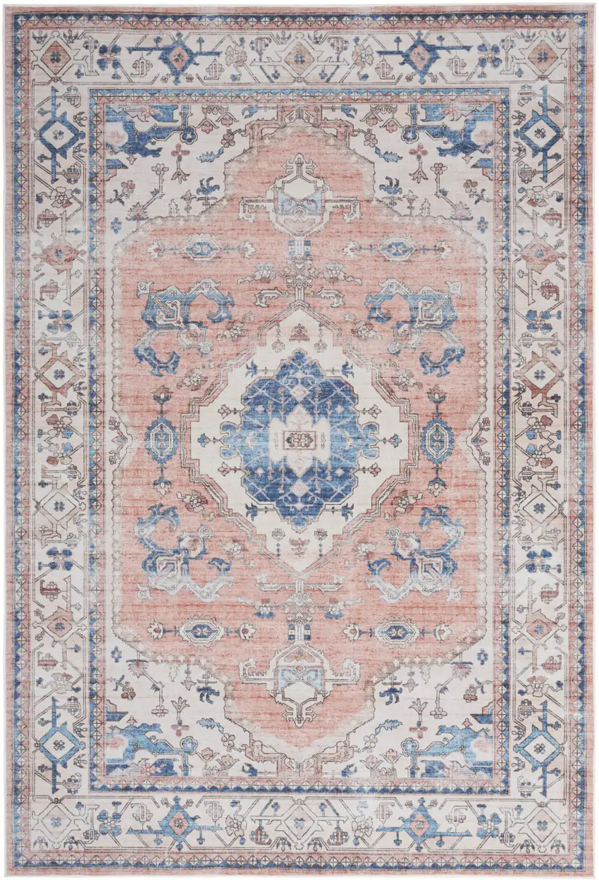 Ivory Blue and Coral Oriental Distressed Non Skid Area Rug Photo 7