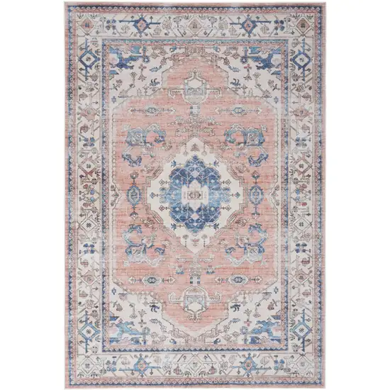 Ivory Blue and Coral Oriental Distressed Non Skid Area Rug Photo 2