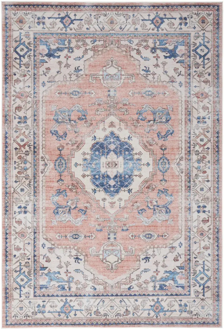Ivory Blue and Coral Oriental Distressed Non Skid Area Rug Photo 2