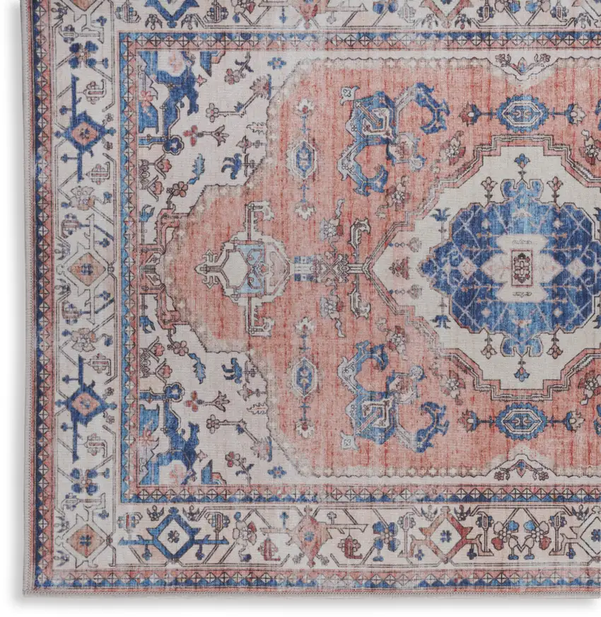 Ivory Blue and Coral Oriental Distressed Non Skid Area Rug Photo 4